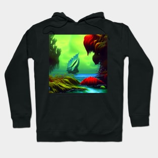 Landscape Painting with Tropical Colorful Plants and boat in the sea, Scenery Nature Hoodie